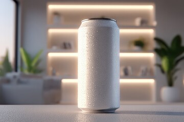 Refreshing blank aluminum can with condensation, ideal for product branding.