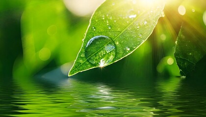  Beauty transparent drop of water on a green leaf macro with sun glare. Beautiful artistic im.jpg