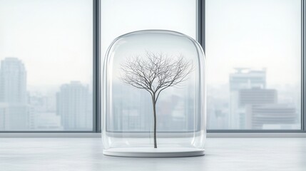 wold ozone day. A tree enclosed in glass against a city backdrop.