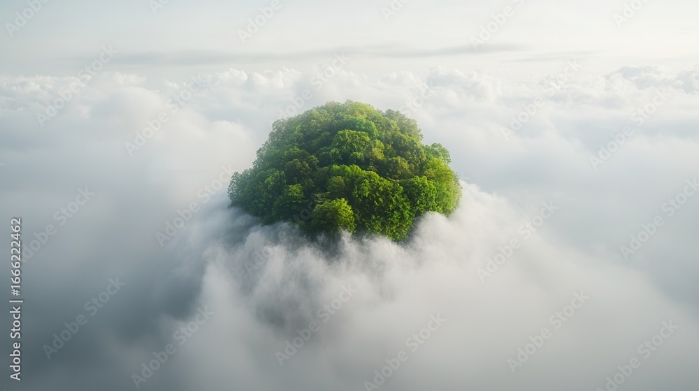 Poster wold ozone day. lush tree island emerging from soft clouds in serene sky.