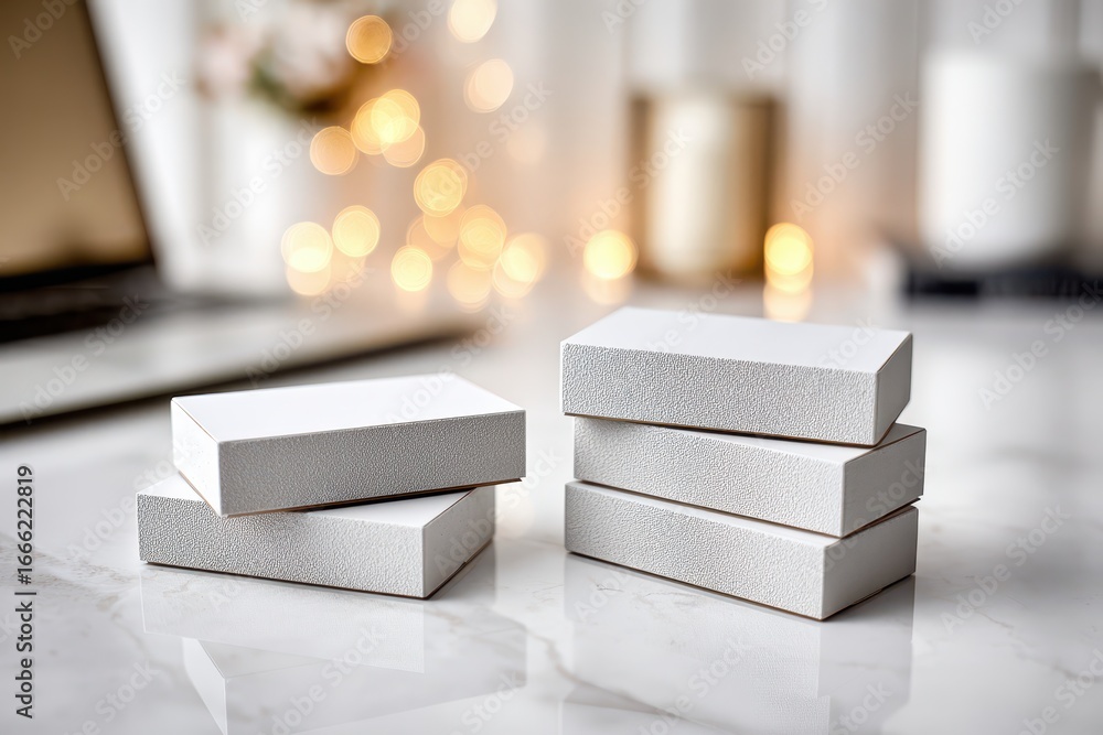 Poster elegant white textured boxes on a polished marble surface with soft bokeh.