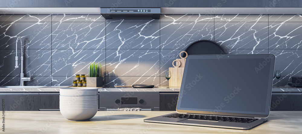 Poster modern kitchen interior with laptop on counter and empty screen for cooking website or app mockup pr