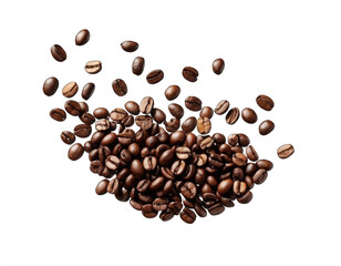 Lots of coffee beans falling from above on a transparent background