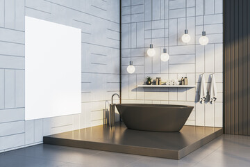 Modern luxury bathroom interior with dark freestanding bathtub, hanging lights, and vertical blank...