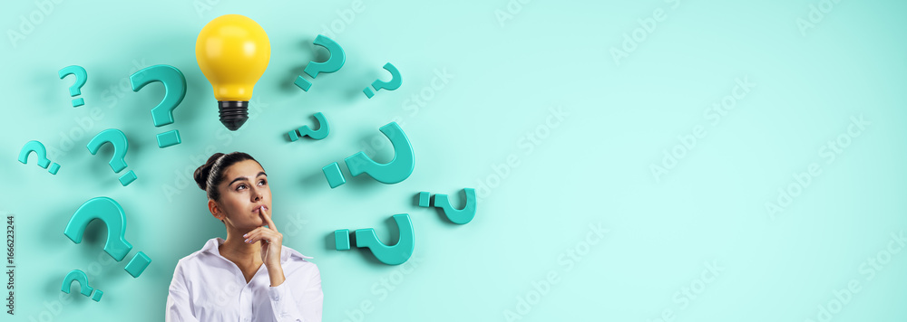 Poster woman thinking with floating question marks and lightbulb above head on blue background, representin