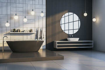 Modern luxury bathroom interior with black bathtub, round mirror, pendant lamps, and wooden wall...