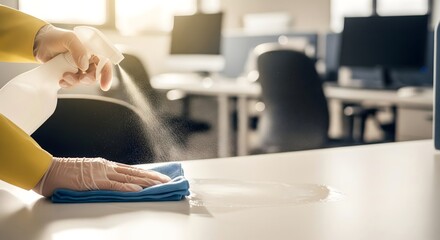 Woman Cleaning Desk with Spray Bottle and Cloth in Modern Office