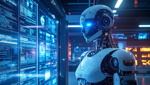 Ultra-realistic humanoid robot with glowing blue eyes standing in futuristic laboratory interior