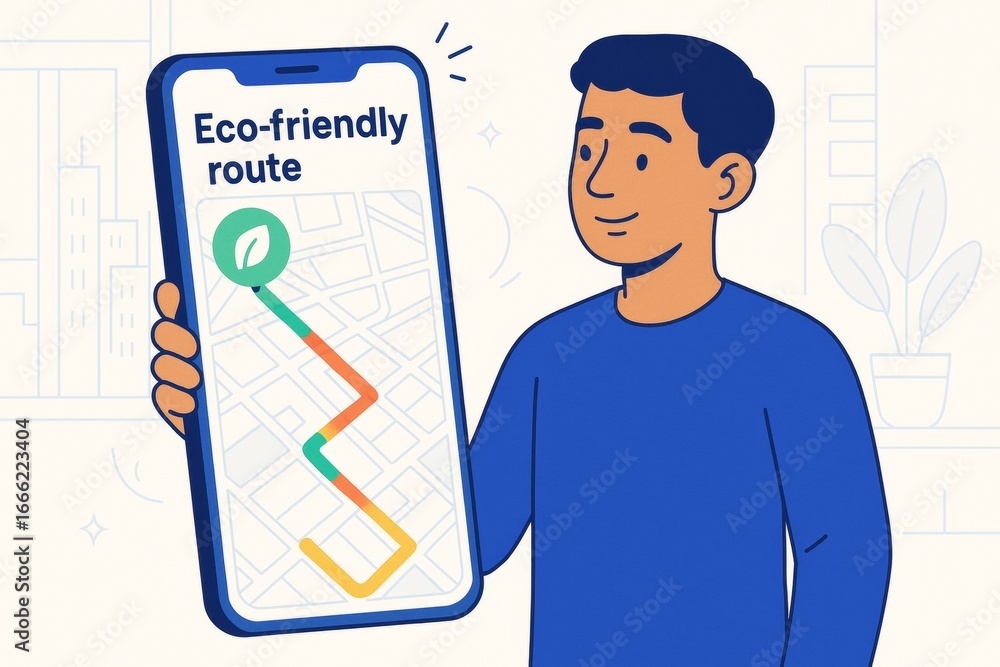 Aufkleber man using smartphone with eco-friendly route on map promoting sustainable navigation on abstract lig