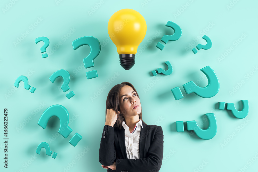 Poster businesswoman thinking with question marks and yellow lightbulb symbolizing creative idea and proble