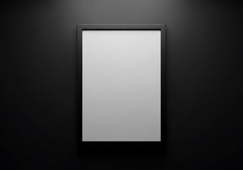 Black frame mockup hanging on a dark wall in a modern interior with spotlight and shadow