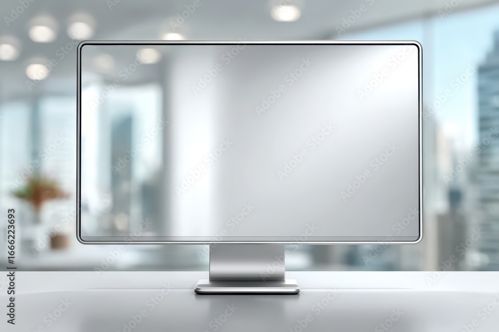Poster modern computer monitor with a blank screen on a sleek desk in a bright office