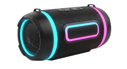 Close up of a black bluetooth speaker with rgb lighting on a black background studio shot