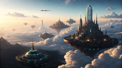 Obraz premium Fantasy Floating City Above the Clouds – Futuristic Surreal Art