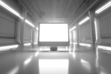 Blank screen monitor in a futuristic, sterile, high-tech, white corridor.
