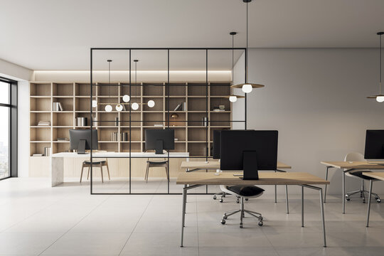 Modern luxury office interior with wooden desks, glass partition, computers, and bookshelf wall in corporate workspace environment. 3D Rendering