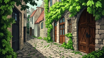Sunlit cobblestone alleyway with ivy-covered stone buildings and arched doorways.