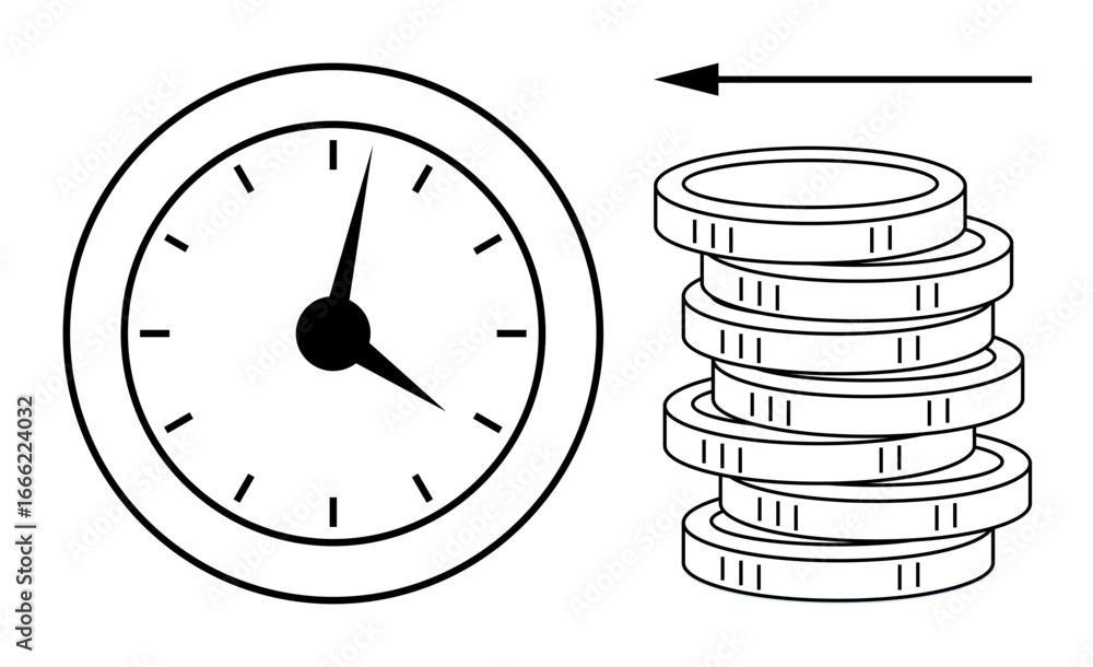 Poster clockface next to stacked coins and arrow pointing left. ideal for time management, financial saving