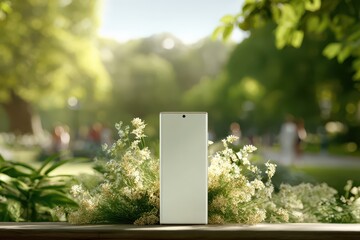 Blank screen mobile phone among fresh flowers in a bright, sunny park.