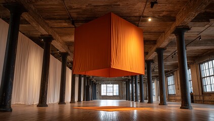 Large orange fabric sculpture suspended in industrial loft space