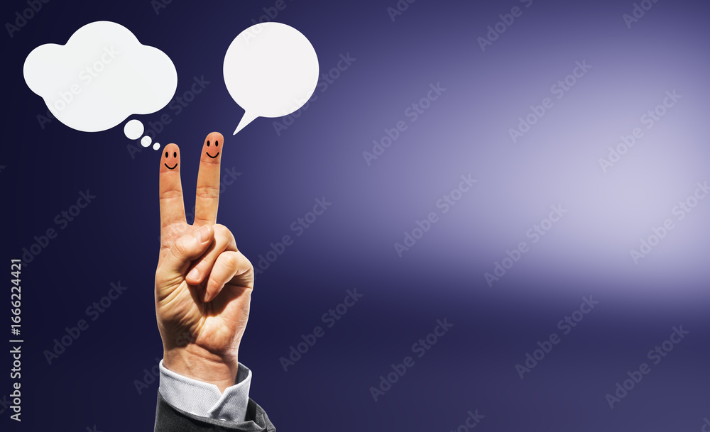 Poster hand with two fingers showing smiley faces and speech bubbles on gradient background, symbolizing co