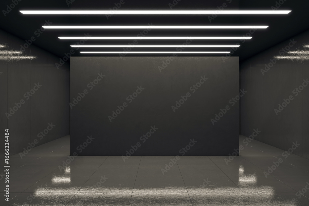 Aufkleber dark modern empty room with blank wall and ceiling lights for mockup display in exhibition or showro