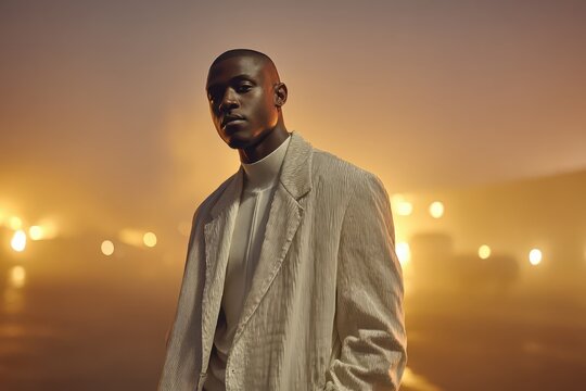 Confident Young Black Man in Stylish Outfit Under Warm Urban Lights
