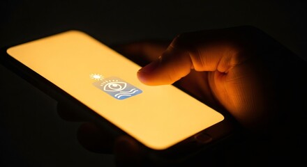 Person using smartphone with glowing social media icon in dark. Digital communication, online presence, night mode app usage. Modern technology connectivity concept.