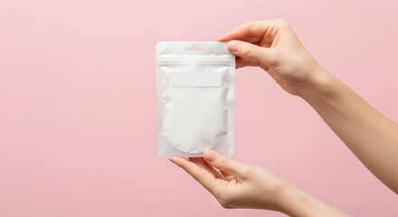 Close-up of hands holding a blank white stand-up pouch bag, perfect for your product design mockup or branding presentation against a soft pink background.