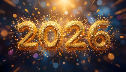 Abstract golden glitter explosion forming "2026", party vibe background.