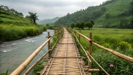 Fototapeta premium : Bamboo Bridge Over Small River 