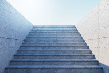Concrete staircase ascending towards bright sky with minimal walls, symbolizing growth, ambition,...