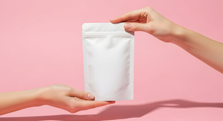 Two hands exchanging a pristine white stand up pouch, perfect for your product mockup showcasing its elegant and minimalist design against a soft pink background.