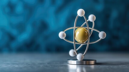 wold ozone day. Atomic model sculpture on a sleek surface with a blue background.