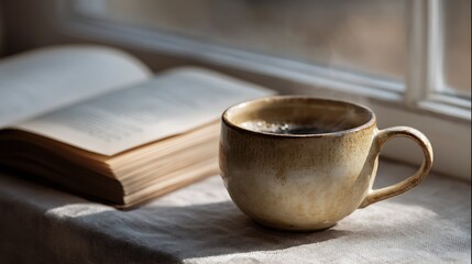 Open book and cup of coffee in front of window, lonely autumn winter concept