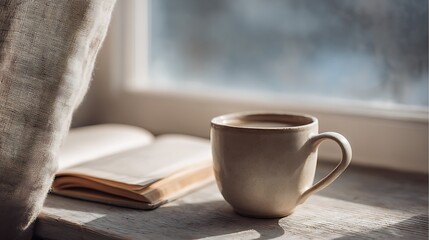 Open book and cup of coffee in front of window, lonely autumn winter concept