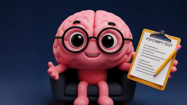 3D cartoon brain character as AI mental health chatbot psychologist holding psychological test on sofa