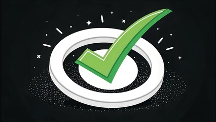  green check mark icon with circle animated on black background animation, green tick mark animation with white circle.