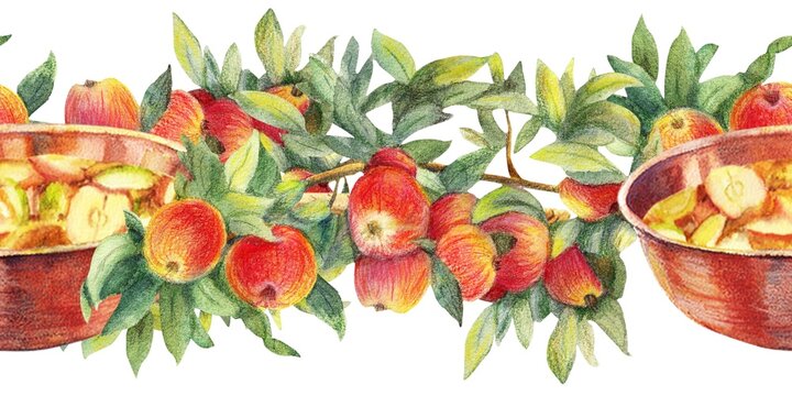Red ripe apples with leaves on branch, round copper pan with jam and wooden handle. Color pencil seamless border. For cookbooks, kitchen interior, restaurant menu, advertising design, banners, cards.