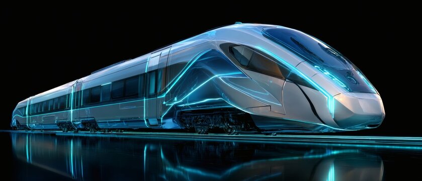 Futuristic transparent high speed train illuminated by electric blue light on dark reflective tracks