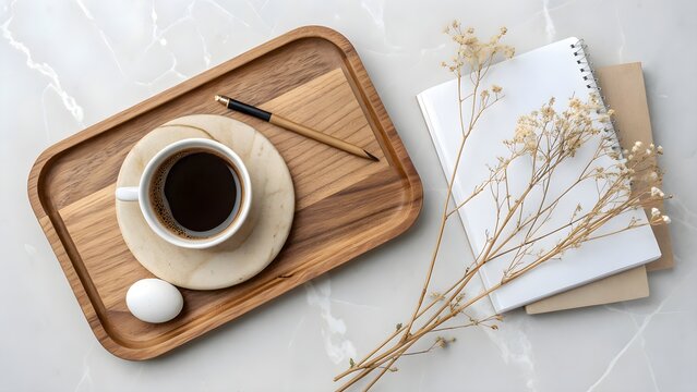 Cozy morning coffee break featuring a cup of hot coffee and a stack of aesthetic magazines on a wooden tray