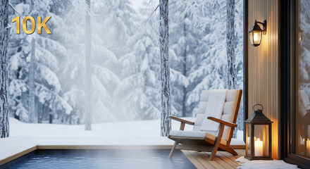 Cozy winter scene with a hot tub and a chair on a wooden deck, overlooking a snowy forest through large glass doors. A lantern provides warm light.