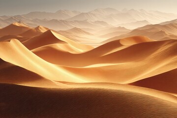 Breathtaking golden desert dunes, rippled patterns, and hazy distant mountains.