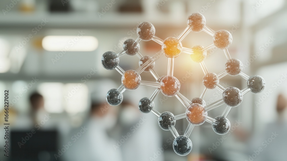 Poster wold ozone day. molecular structure in a lab setting with researchers in the background.