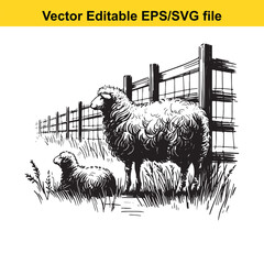 Two sheep and a lamb in a field with a fence, vector illustration