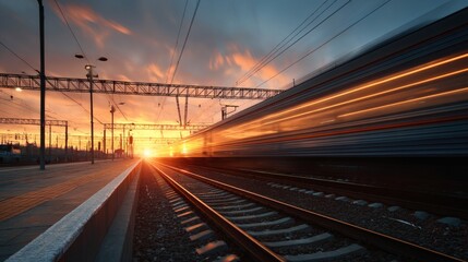 High speed train streaks past a station platform at sunset with dramatic fiery clouds and light trails