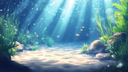 Sunbeams illuminate underwater scene with sandy bottom, rocks, plants, and fish.