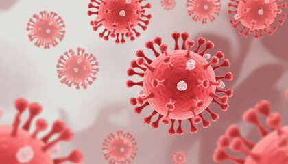 Red spherical microbes with club-shaped spikes float in a blurry light-colored background.