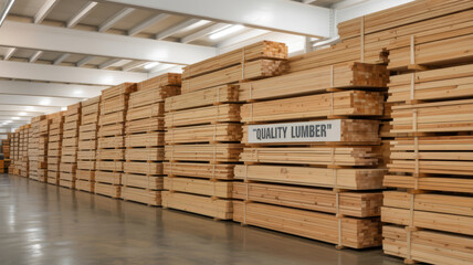 Neatly stacked wooden planks fill a warehouse awaiting use in construction projects.