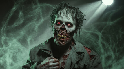 Terrifying undead creature with glowing red eyes and decaying flesh illuminated by a spotlight.